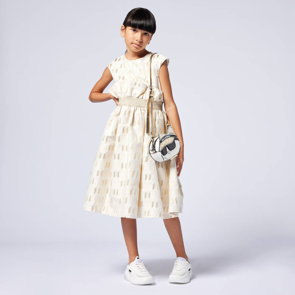 KARL LAGERFELD KIDS-Girls Gold-Toned Monogram Jacquard Dress | Childrensalon Outlet