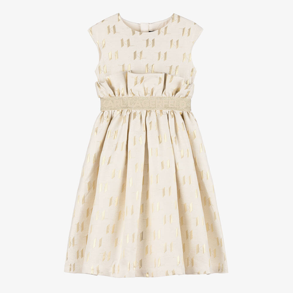 KARL LAGERFELD KIDS-فستان بناتي ذهبي بنقشة المونوغرام | Childrensalon Outlet