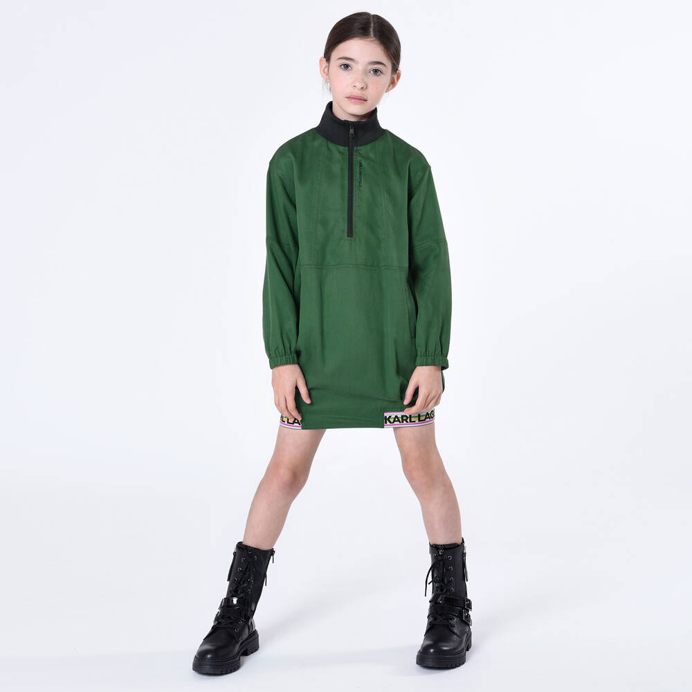 KARL LAGERFELD KIDS-Girls Green Cotton Twill Dress | Childrensalon Outlet