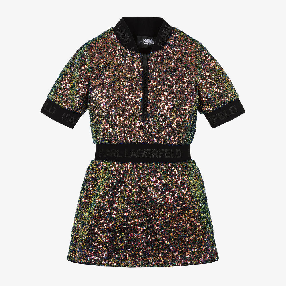 KARL LAGERFELD KIDS-Girls Green Sequin & Jacquard Dress | Childrensalon Outlet