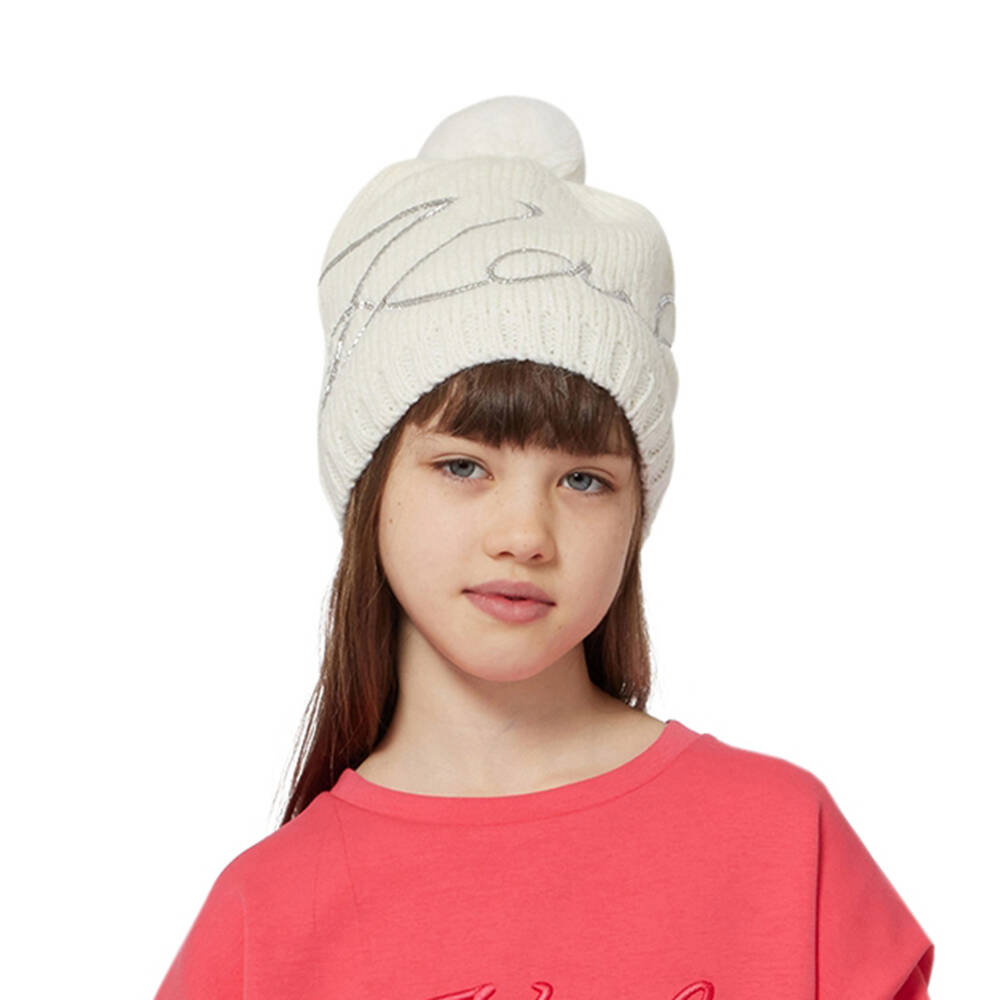 KARL LAGERFELD KIDS-Girls Ivory Knitted Bobble Hat with Sequin Logo | Childrensalon Outlet