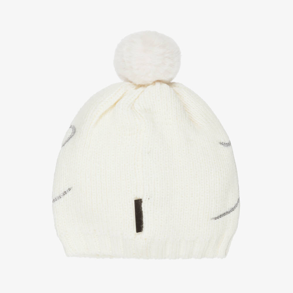KARL LAGERFELD KIDS-Girls Ivory Knitted Bobble Hat with Sequin Logo | Childrensalon Outlet