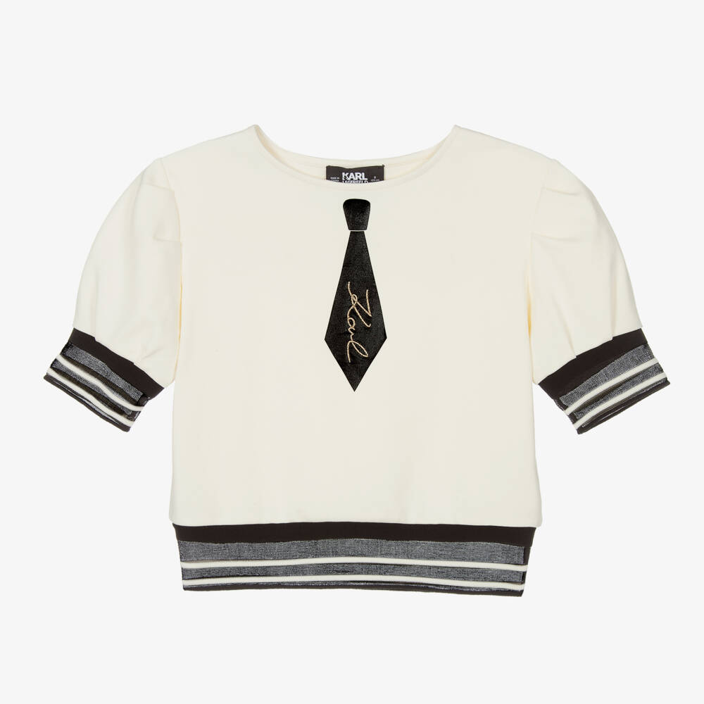 KARL LAGERFELD KIDS-Girls Ivory Tie Design T-Shirt | Childrensalon Outlet