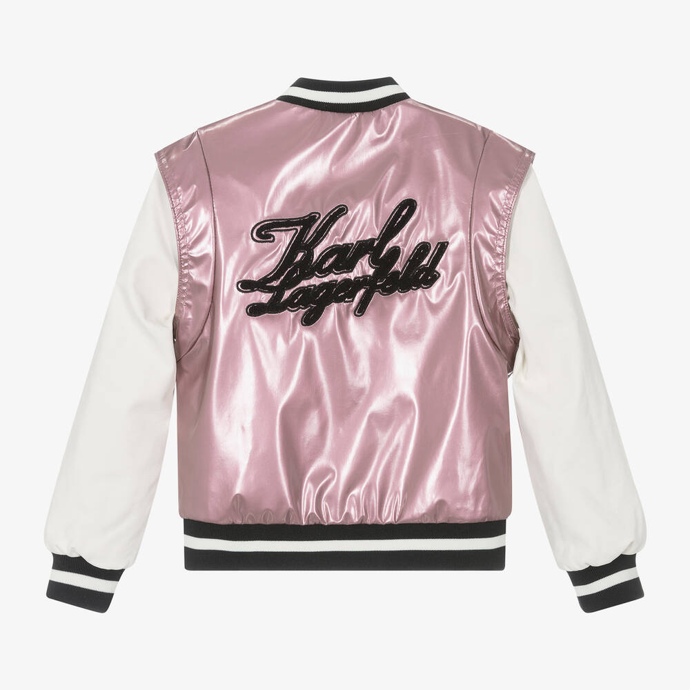 KARL LAGERFELD KIDS-Girls Metallic Pink Varsity Jacket | Childrensalon Outlet