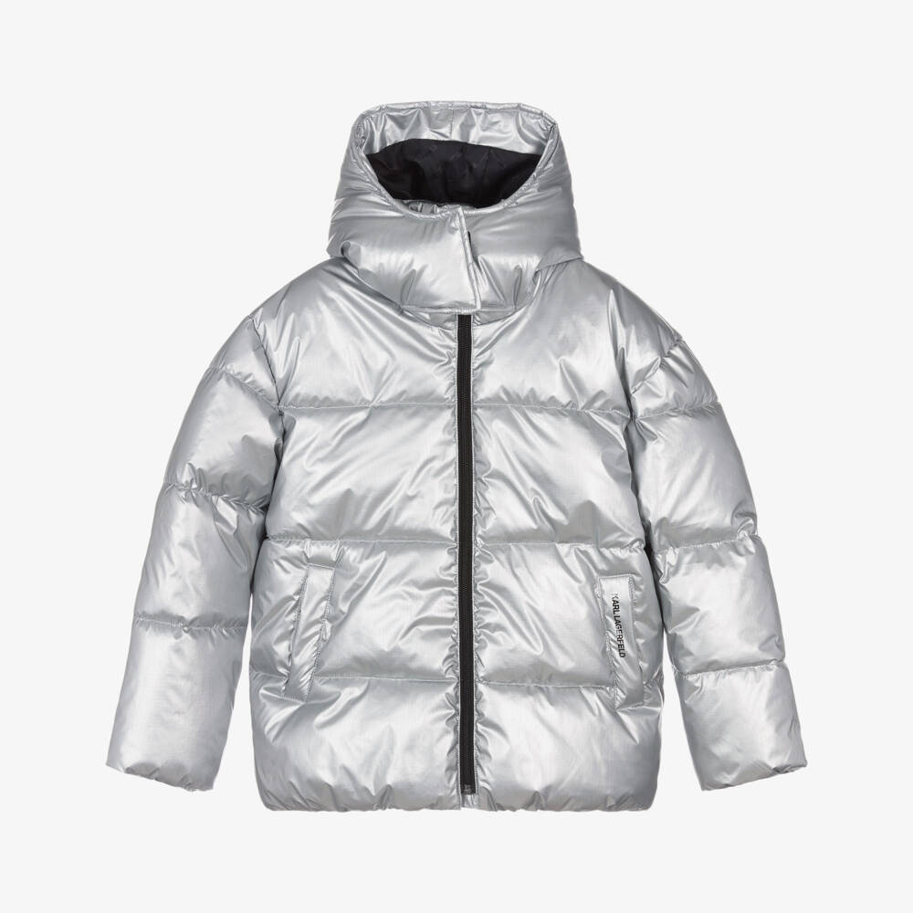 KARL LAGERFELD KIDS-Girls Metallic Silver Hooded Puffer Jacket | Childrensalon Outlet