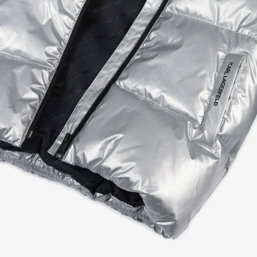 KARL LAGERFELD KIDS-Girls Metallic Silver Hooded Puffer Jacket | Childrensalon Outlet