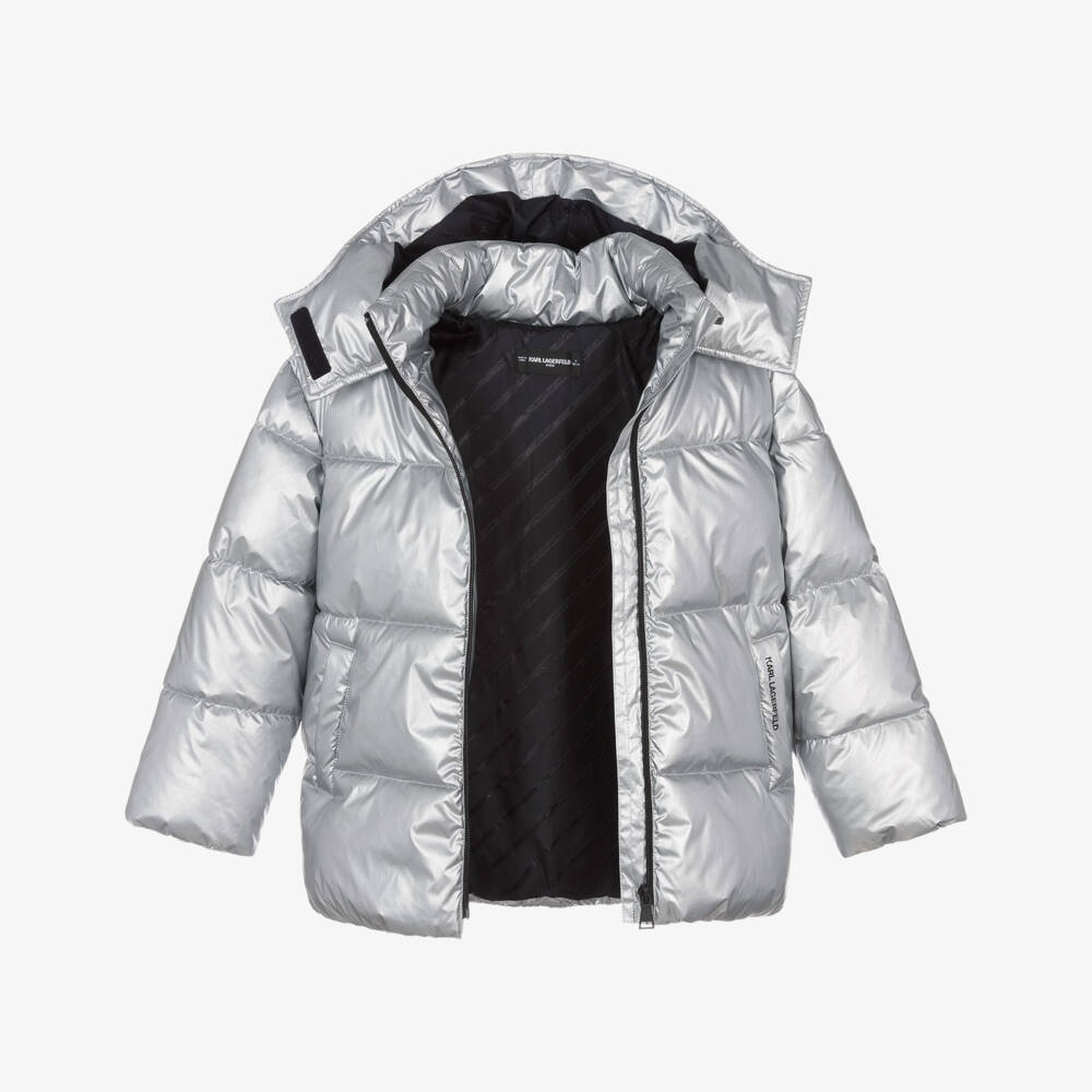 KARL LAGERFELD KIDS-Girls Metallic Silver Hooded Puffer Jacket | Childrensalon Outlet