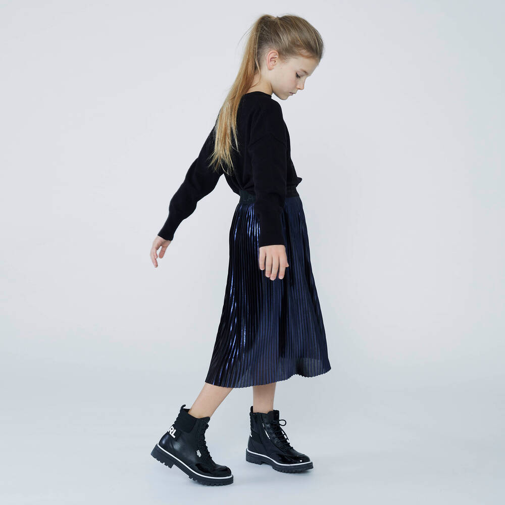KARL LAGERFELD KIDS-Girls Navy Blue Pleated Skirt | Childrensalon Outlet