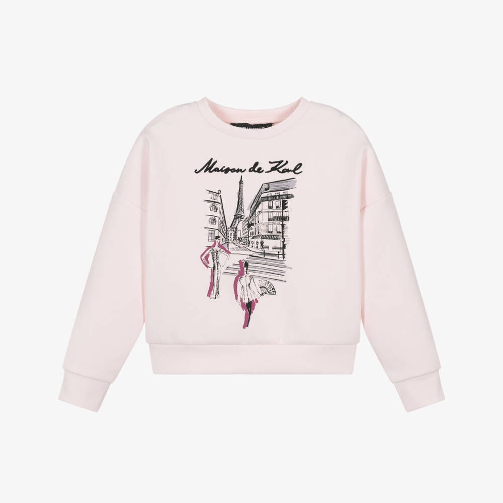 KARL LAGERFELD KIDS-Girls Pale Pink Cotton Sweatshirt with Paris Illustration  | Childrensalon Outlet