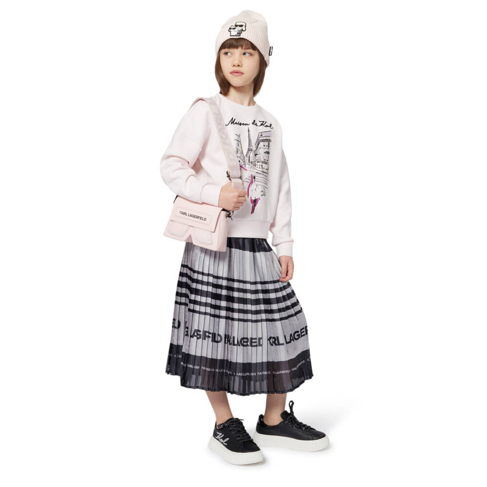 KARL LAGERFELD KIDS-Girls Pale Pink Cotton Sweatshirt with Paris Illustration | Childrensalon Outlet