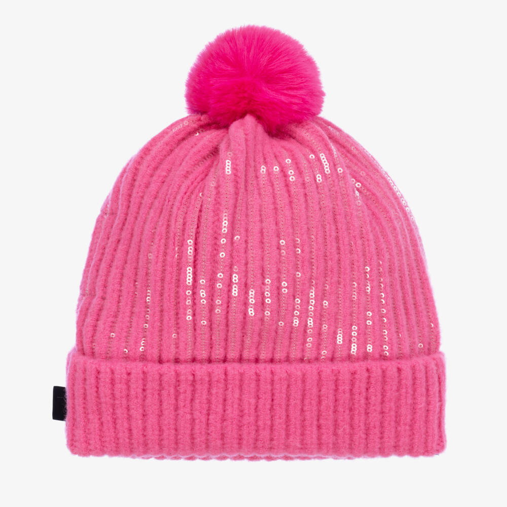 KARL LAGERFELD KIDS-Girls Pink Pom Knitted Beanie | Childrensalon Outlet