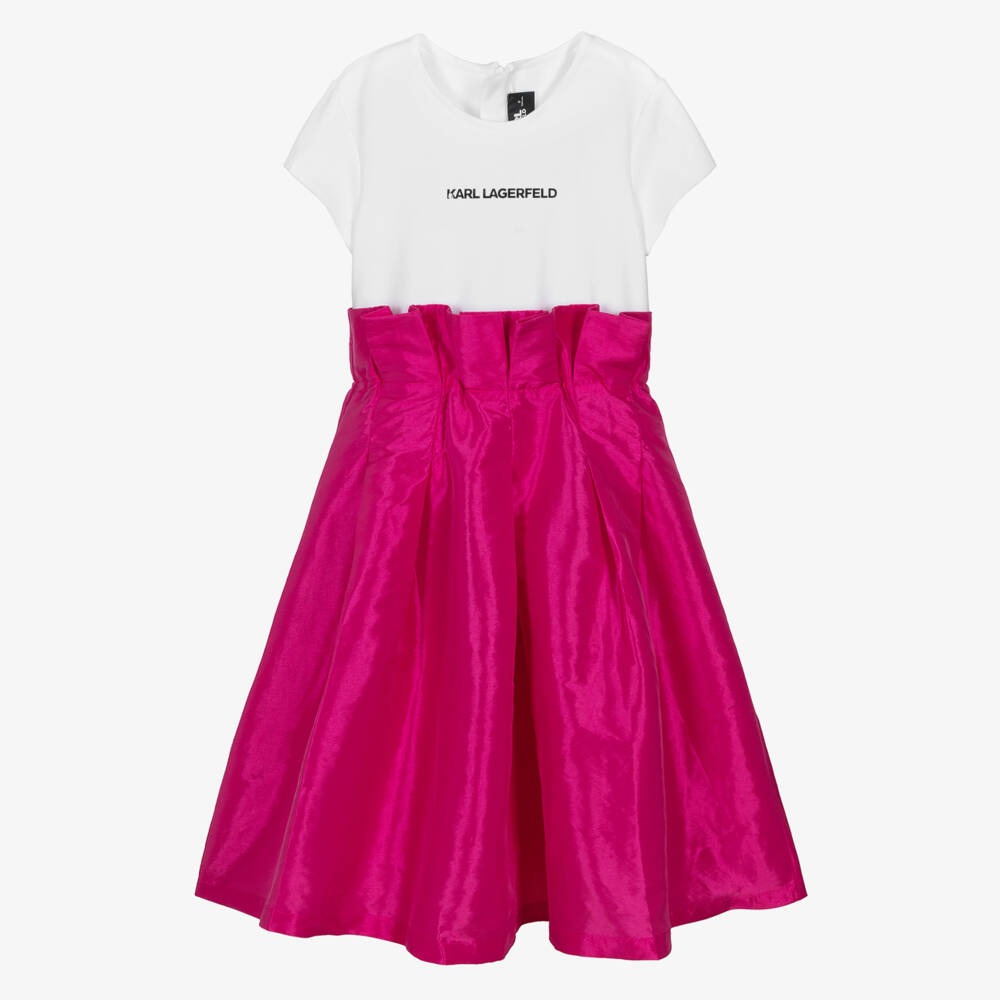 KARL LAGERFELD KIDS-فستان بناتي وردي وأبيض من التفتا الفاخر | Childrensalon Outlet