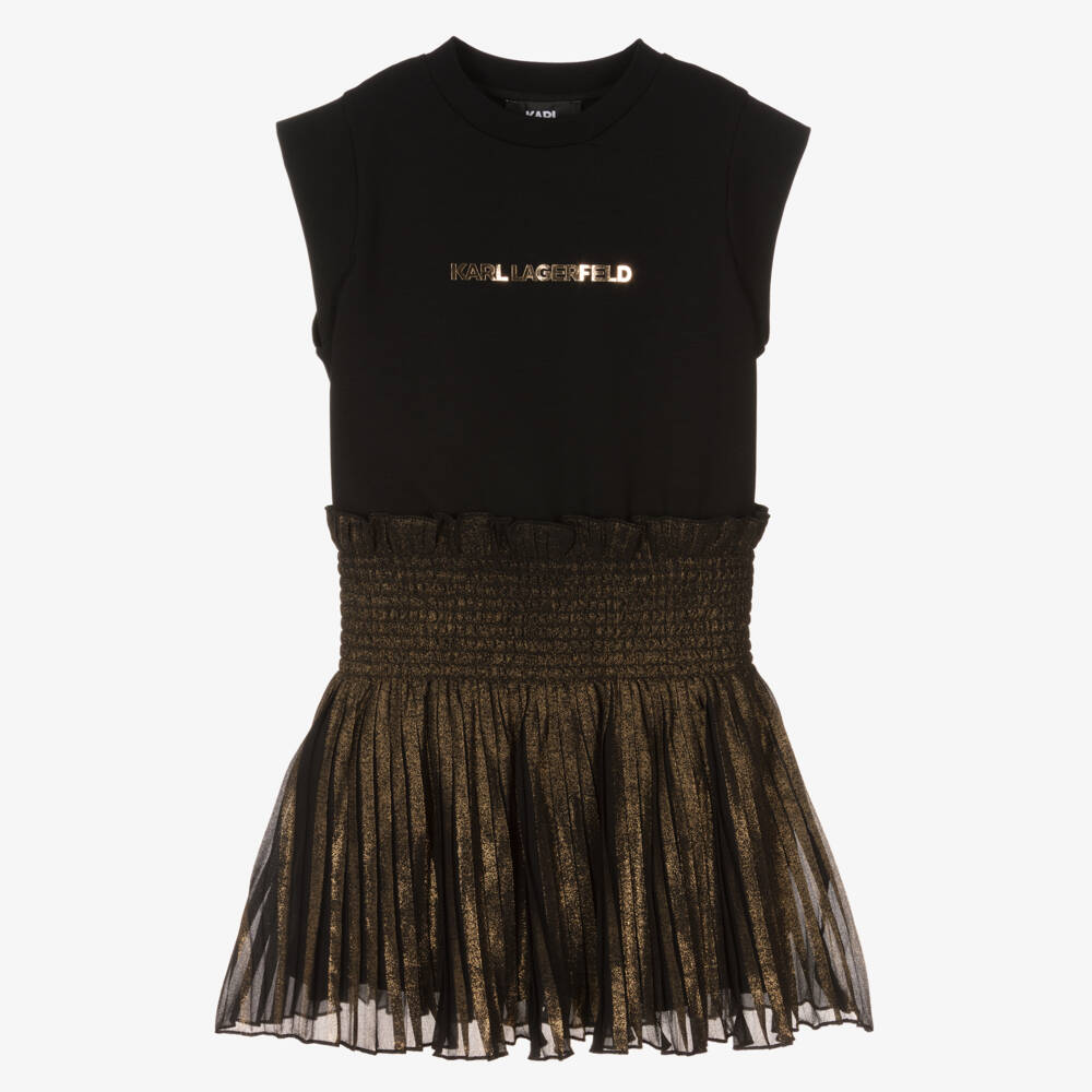 KARL LAGERFELD KIDS-Girls Pleated Black Dress with Gold | Childrensalon Outlet