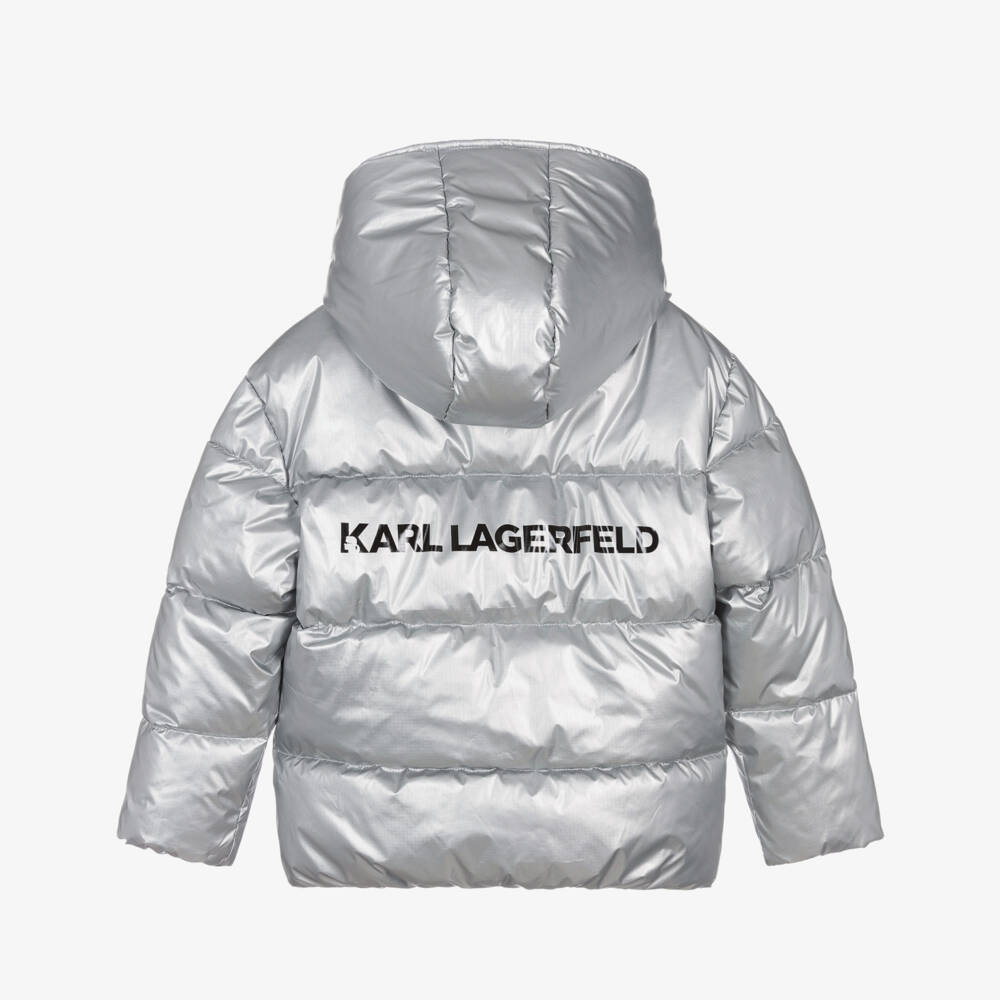 KARL LAGERFELD KIDS-جاكيت فضي لامع بغطاء للرأس للبنات | Childrensalon Outlet
