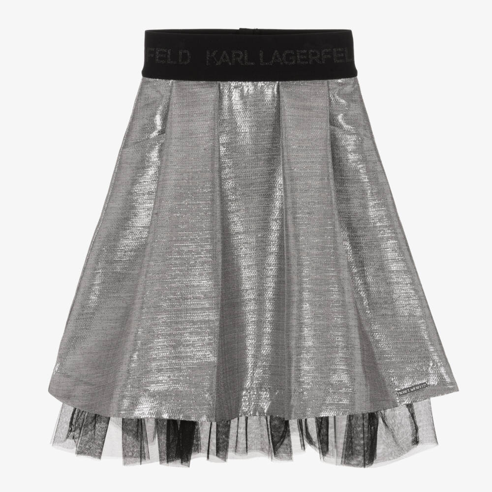 KARL LAGERFELD KIDS-Girls Shimmering Silver Pleated Skirt | Childrensalon Outlet