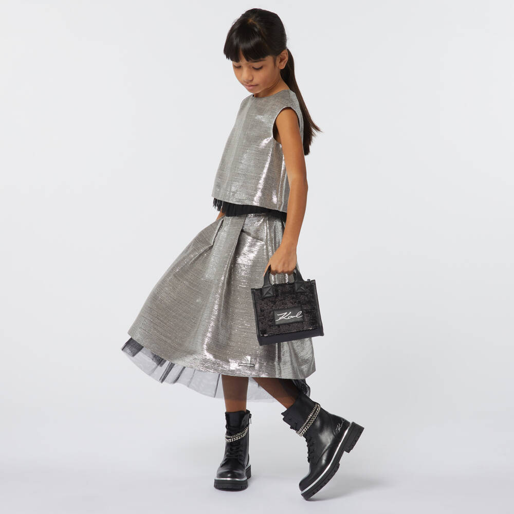 KARL LAGERFELD KIDS-Girls Shimmering Silver Pleated Skirt | Childrensalon Outlet