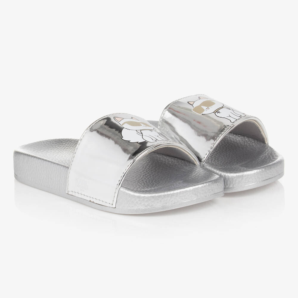 KARL LAGERFELD KIDS - Girls Silver Choupette Sliders | Childrensalon