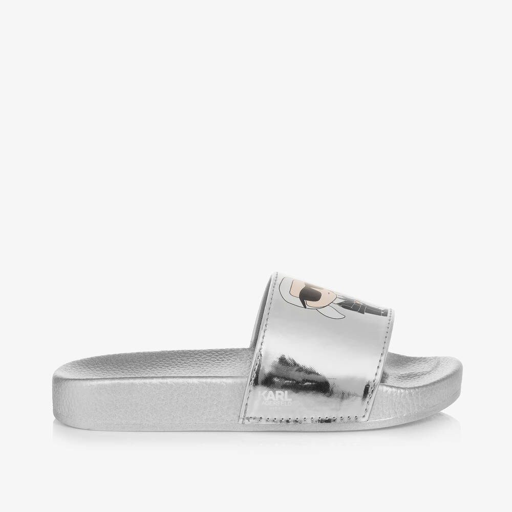 KARL LAGERFELD KIDS-Girls Silver Karl & Choupette Sliders | Childrensalon Outlet