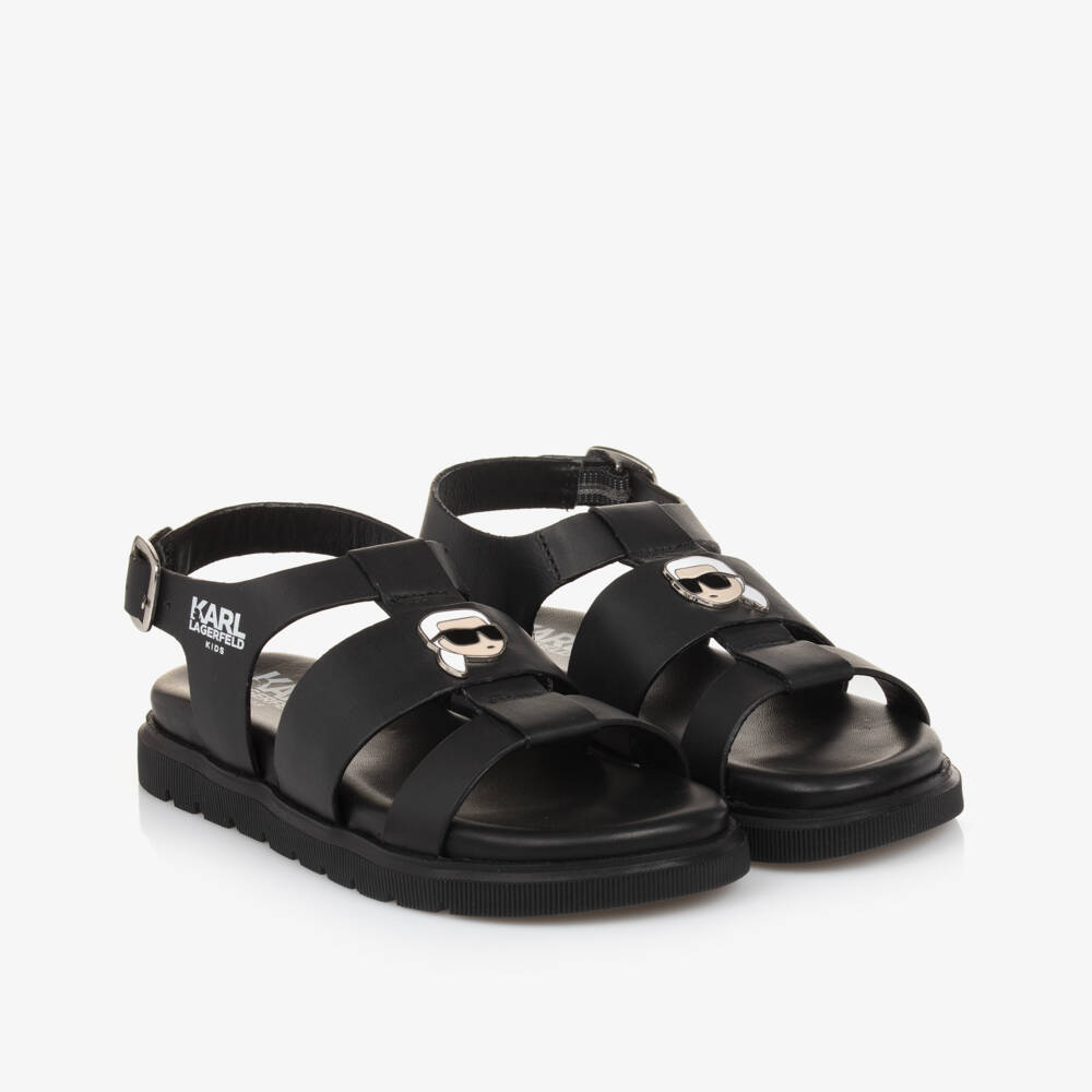 KARL LAGERFELD KIDS-Girls Sleek Black Leather Sandals | Childrensalon Outlet