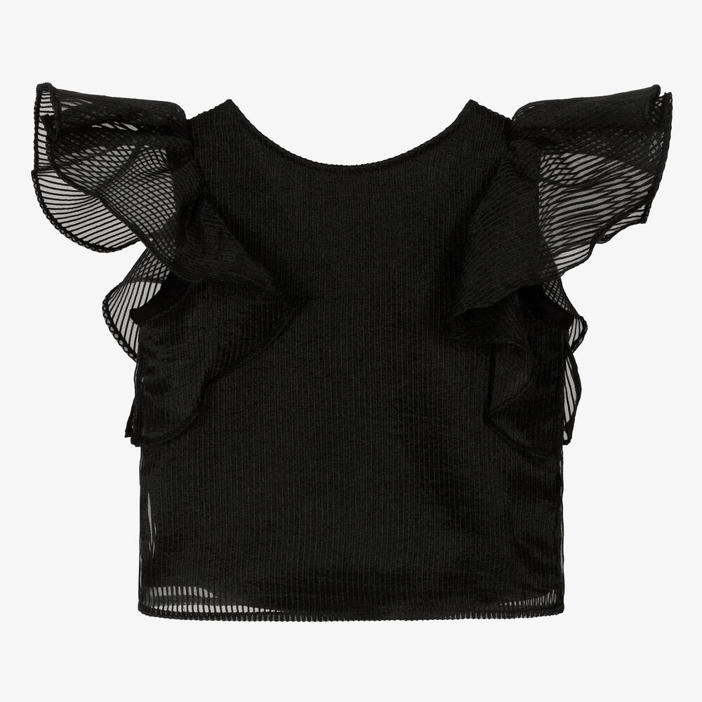 Girls Striped Black Organza Ruffle Blouse