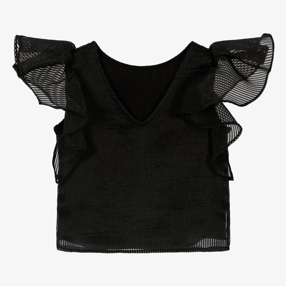 KARL LAGERFELD KIDS-Черная блузка из органзы в полоску с рюшами | Childrensalon Outlet