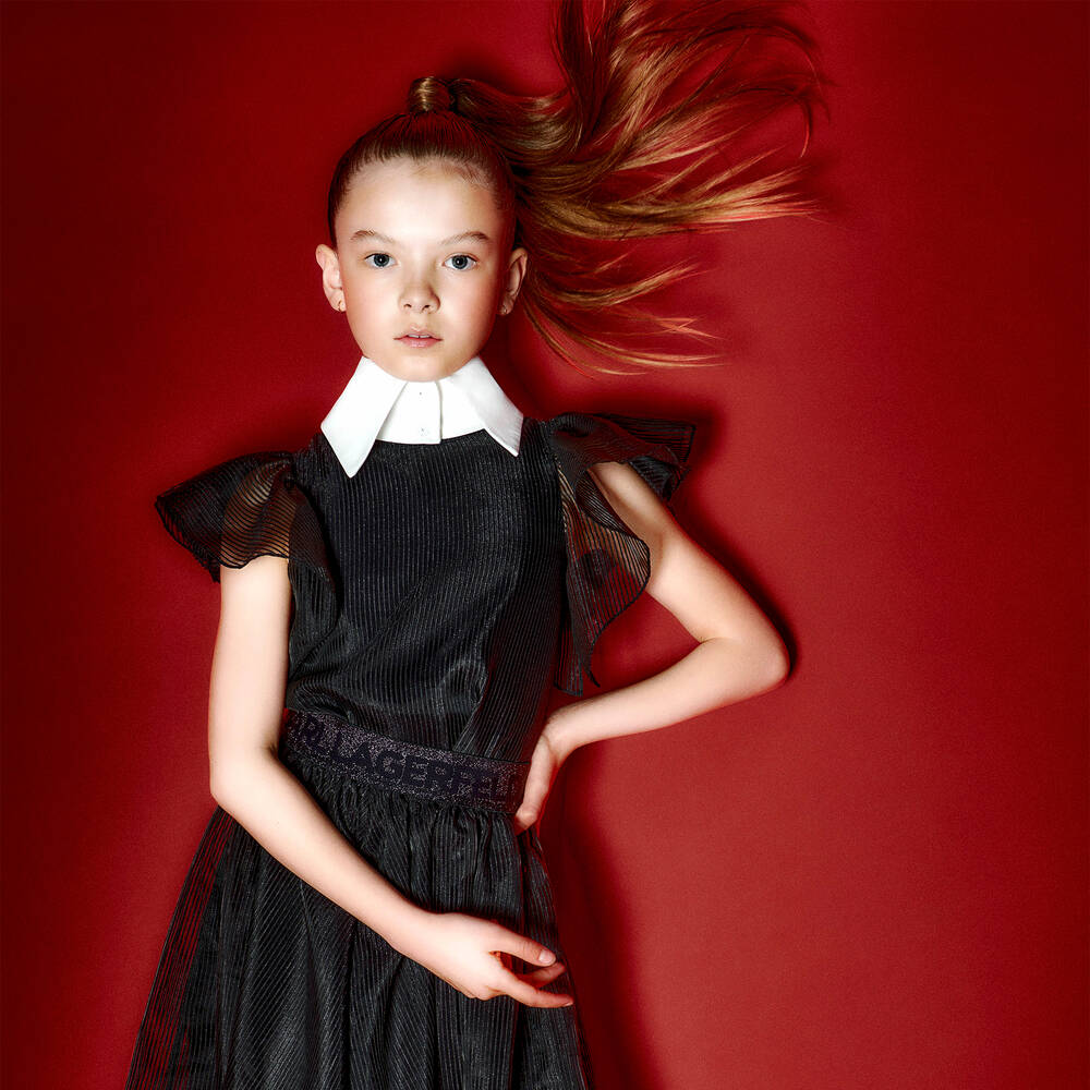 KARL LAGERFELD KIDS Girls Striped Black Organza Ruffle Blouse