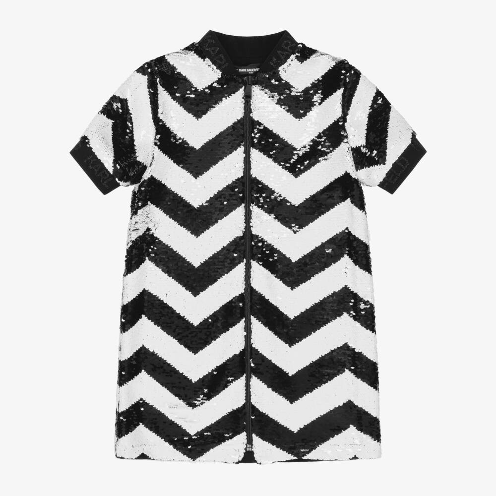 KARL LAGERFELD KIDS-Girls White & Black Chevron Sequin Dress | Childrensalon Outlet