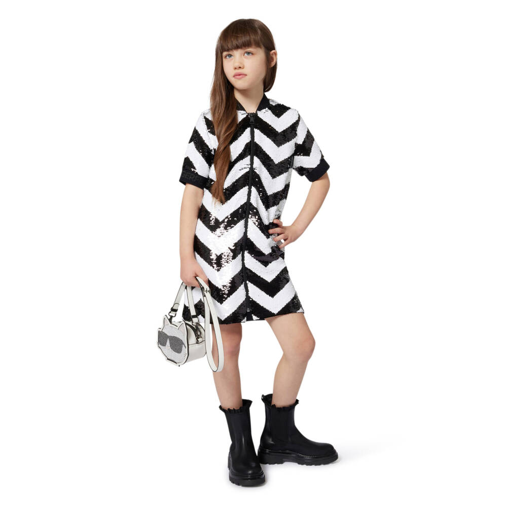 KARL LAGERFELD KIDS-Girls White & Black Chevron Sequin Dress | Childrensalon Outlet