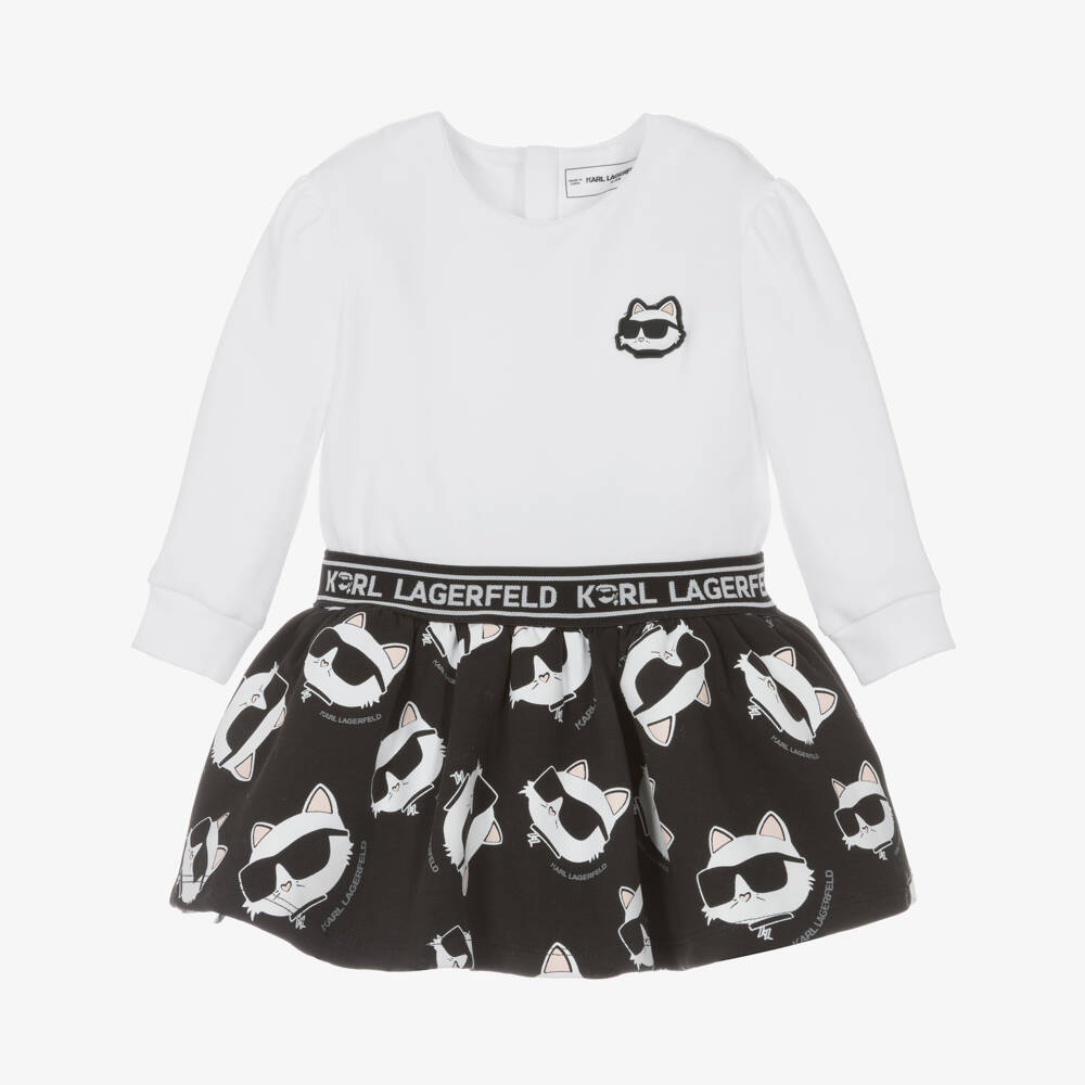 KARL LAGERFELD KIDS-Girls White & Black Cotton Choupette Print Dress | Childrensalon Outlet
