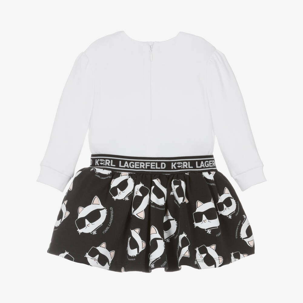 KARL LAGERFELD KIDS-Girls White & Black Cotton Choupette Print Dress | Childrensalon Outlet