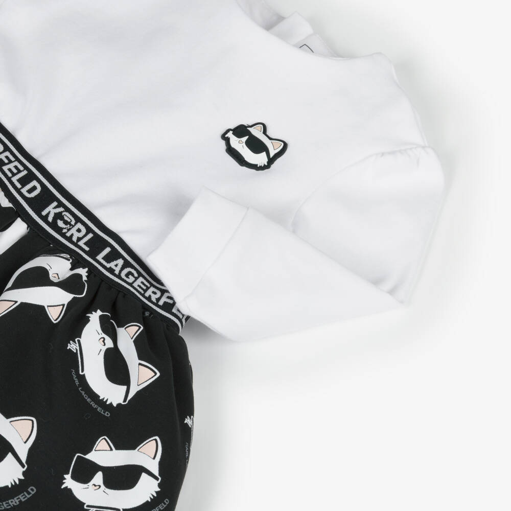 KARL LAGERFELD KIDS-Girls White & Black Cotton Choupette Print Dress | Childrensalon Outlet