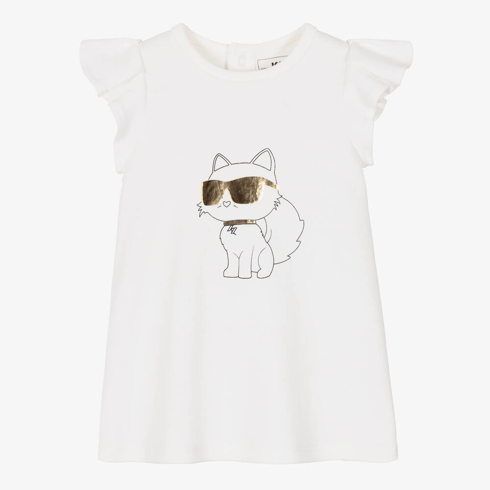 KARL LAGERFELD KIDS-Girls White Cotton Choupette Dress | Childrensalon Outlet