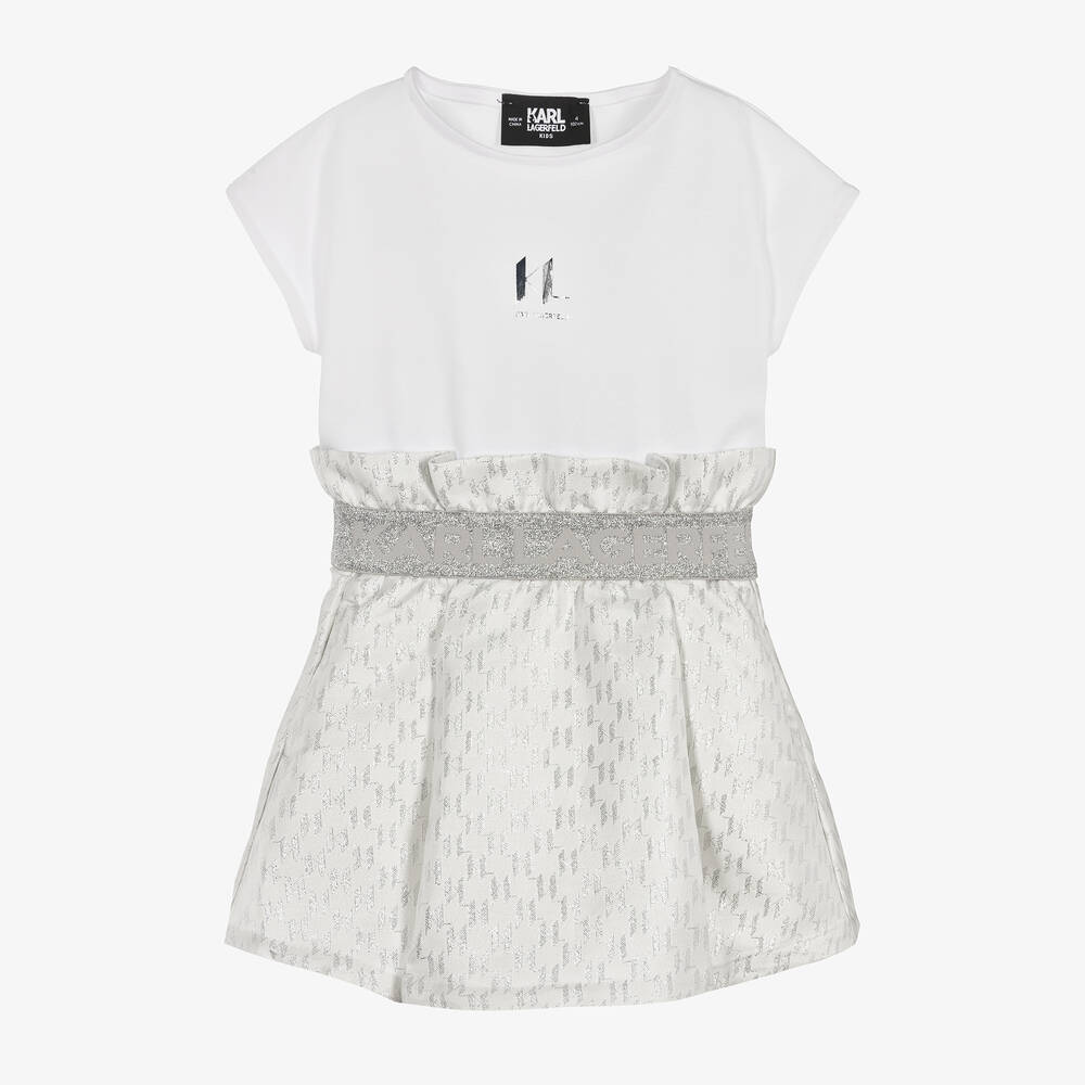 KARL LAGERFELD KIDS-Girls White Cotton & KL Jacquard Dress | Childrensalon Outlet