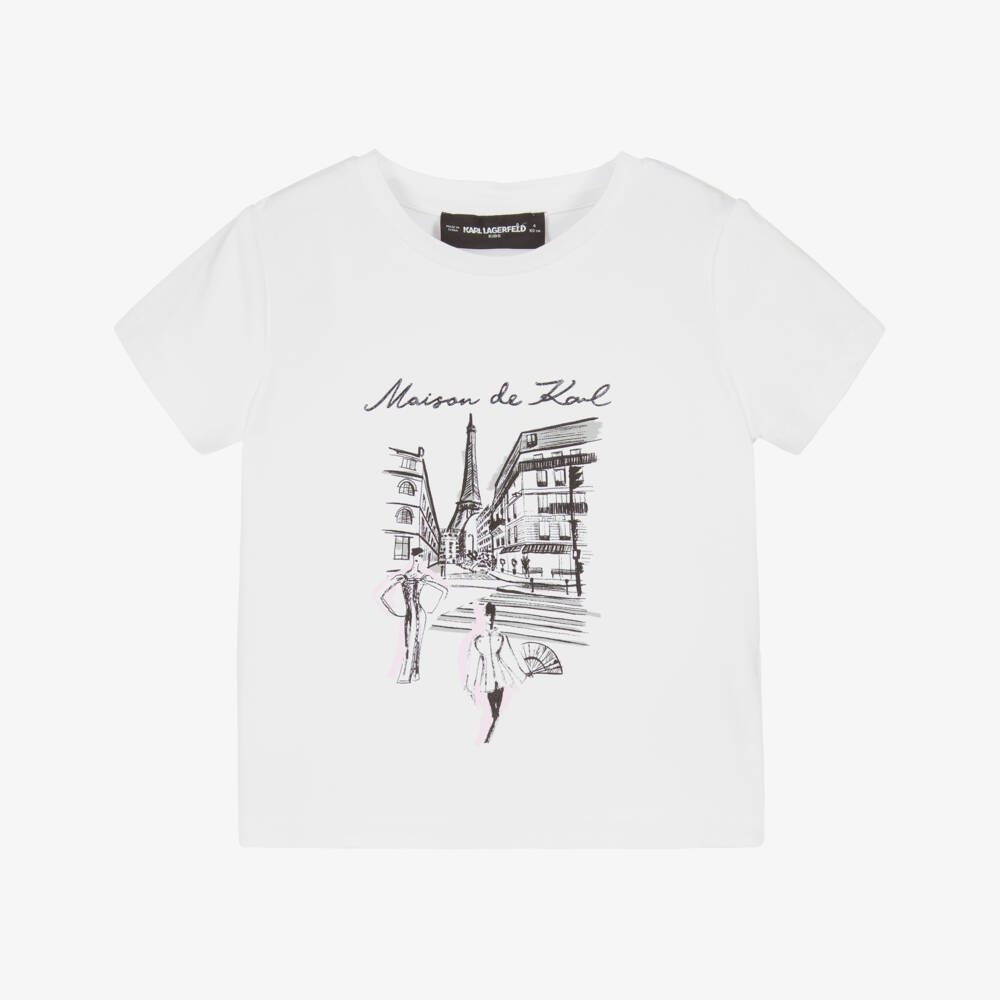KARL LAGERFELD KIDS-تي شيرت أبيض للبنات بتصميم باريسيان أنيق | Childrensalon Outlet