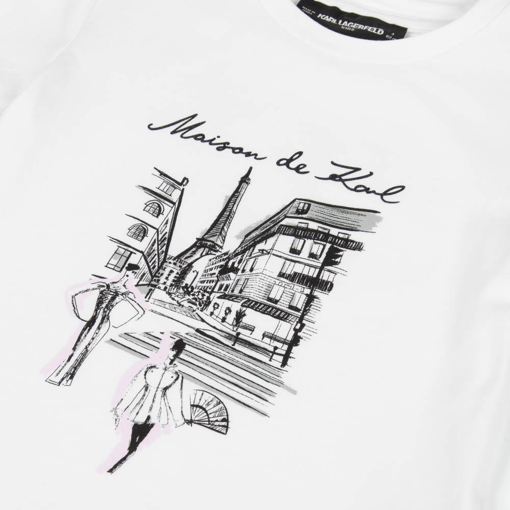 KARL LAGERFELD KIDS-تي شيرت أبيض للبنات بتصميم باريسيان أنيق | Childrensalon Outlet