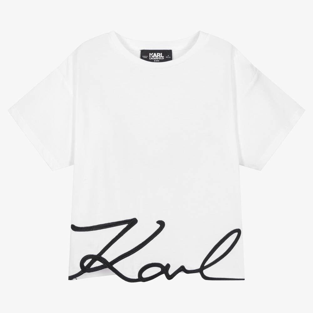 KARL LAGERFELD KIDS - Girls White Cotton T-Shirt | Childrensalon