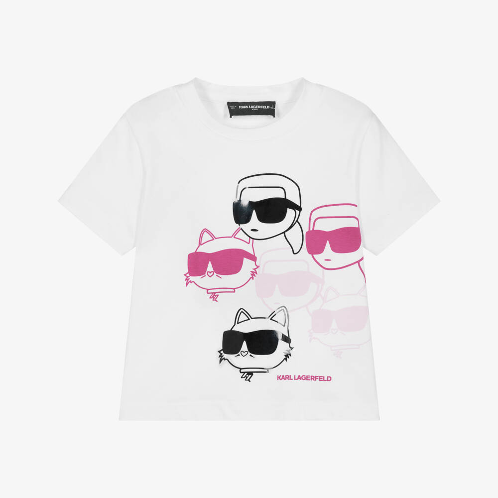 KARL LAGERFELD KIDS-Girls White Cotton T-Shirt with Karl & Choupette Illustration | Childrensalon Outlet