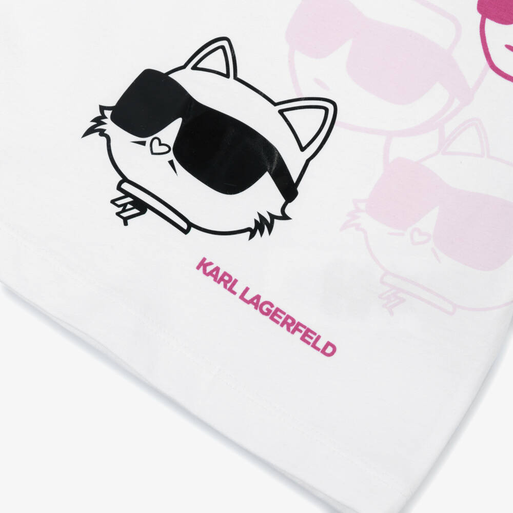 KARL LAGERFELD KIDS-Girls White Cotton T-Shirt with Karl & Choupette Illustration | Childrensalon Outlet