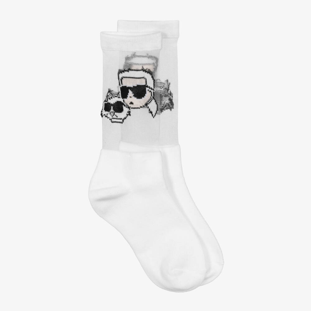 KARL LAGERFELD KIDS-Girls White Jersey & Mesh Karl & Choupette Socks | Childrensalon Outlet