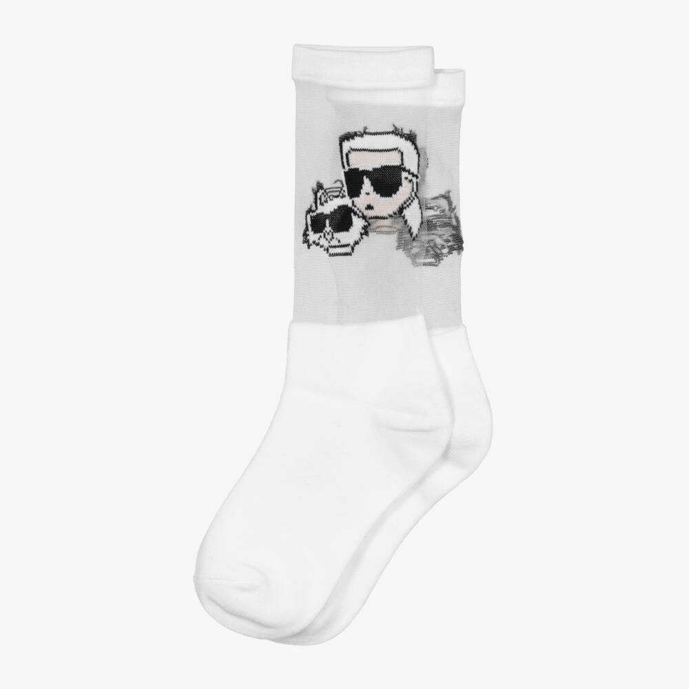 KARL LAGERFELD KIDS-Girls White Jersey & Mesh Karl & Choupette Socks | Childrensalon Outlet