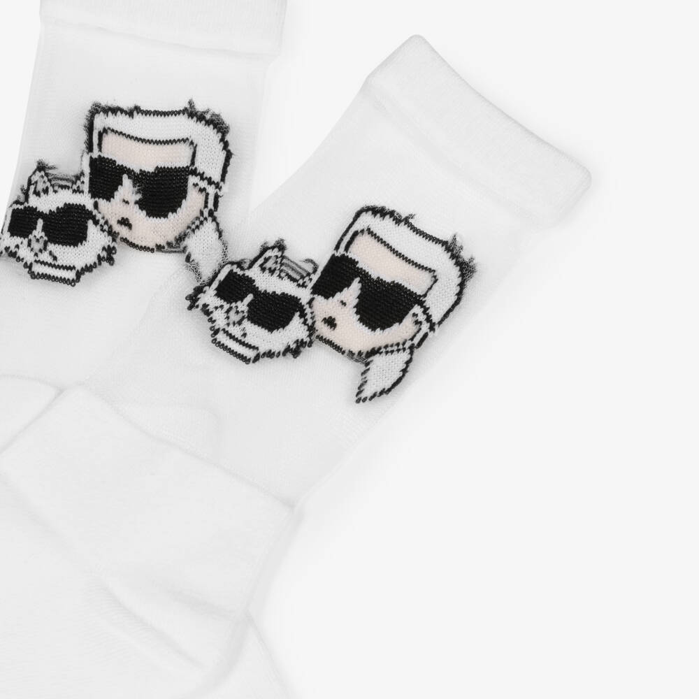 KARL LAGERFELD KIDS-Girls White Jersey & Mesh Karl & Choupette Socks | Childrensalon Outlet