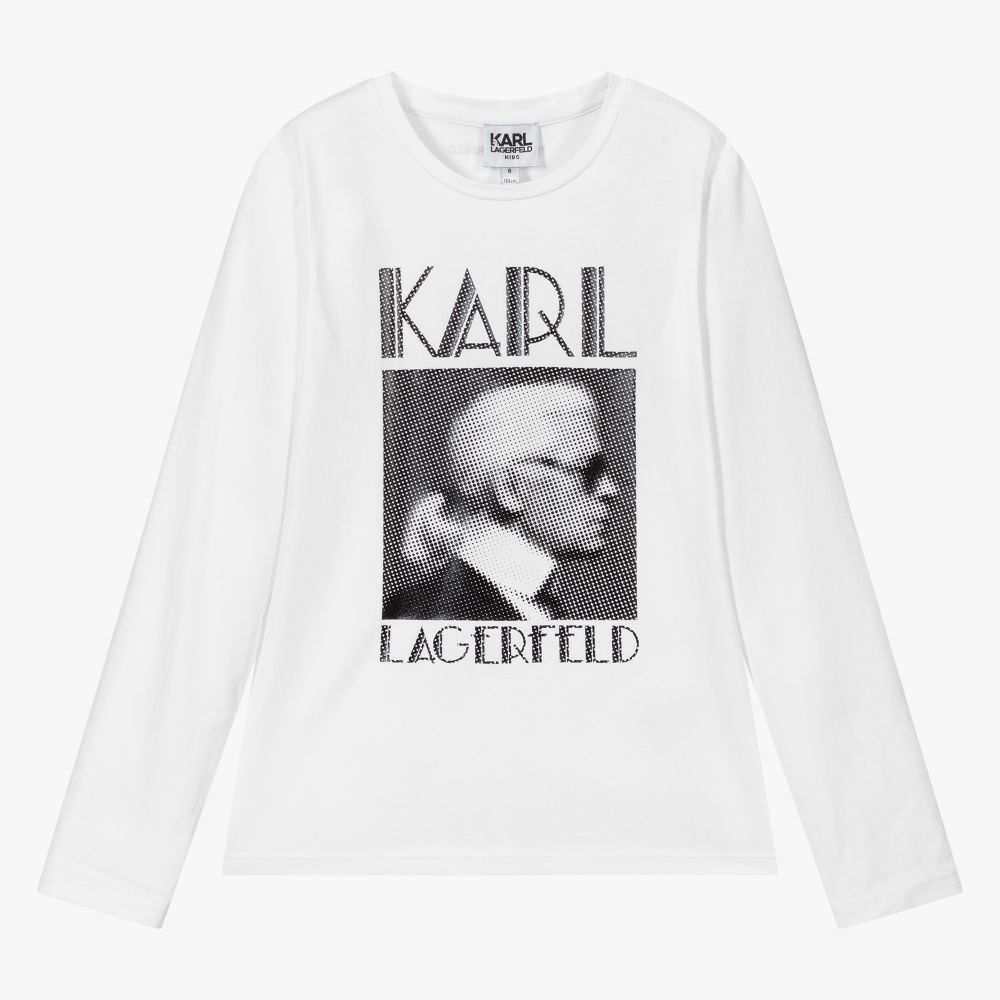 KARL LAGERFELD KIDS - توب قطن جيرسي لون أبيض للبنات | Childrensalon