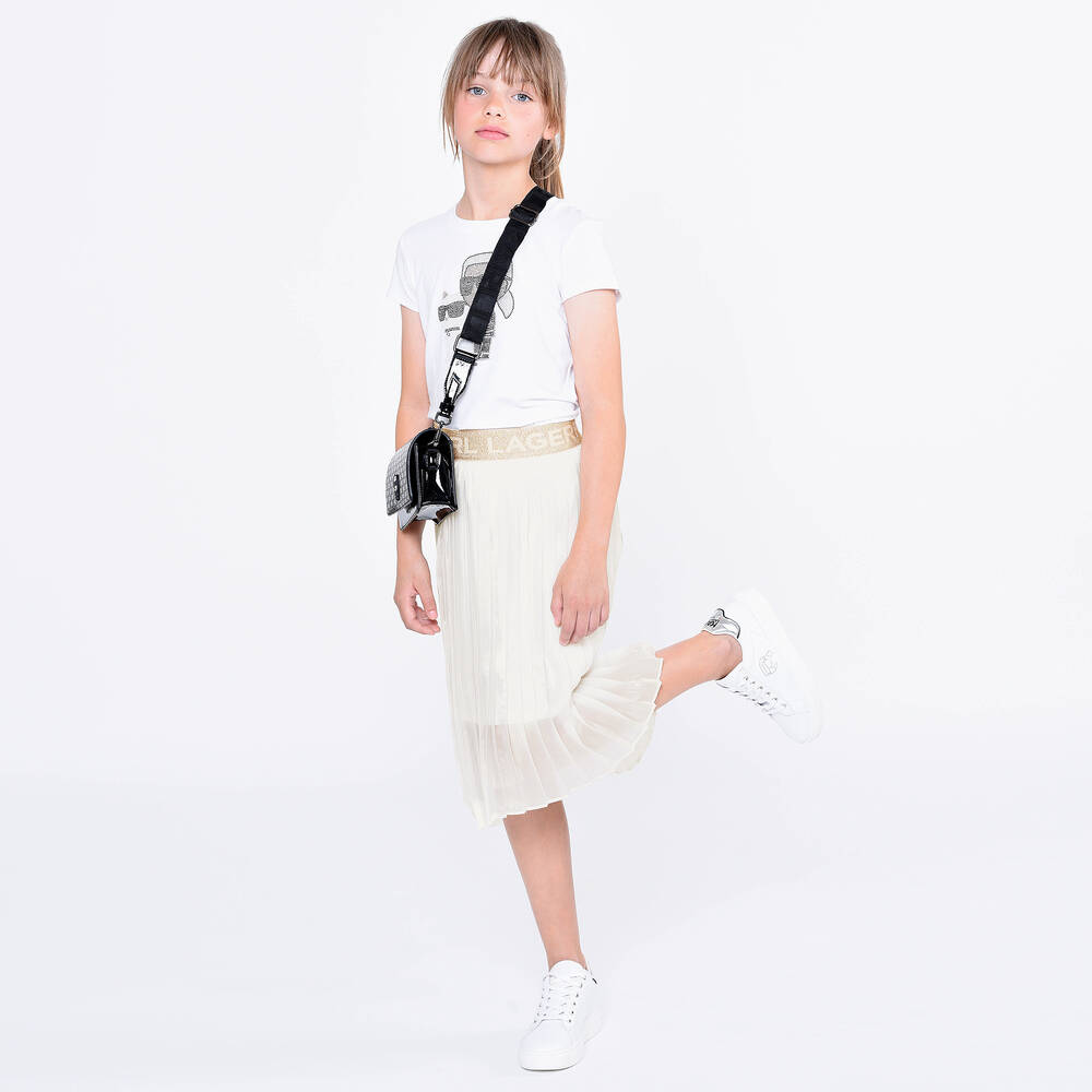 KARL LAGERFELD KIDS-Girls White Pleated Logo Skirt | Childrensalon Outlet