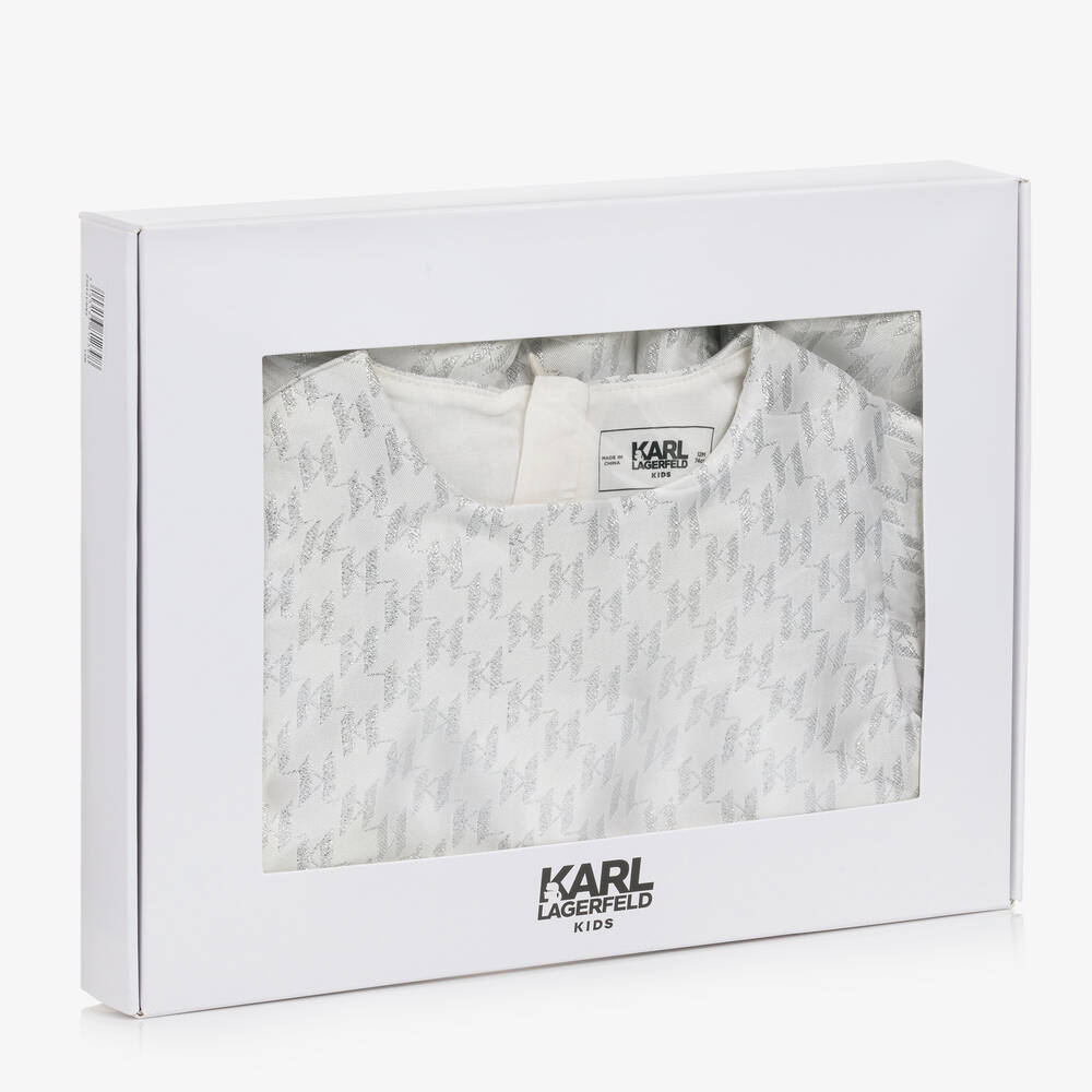KARL LAGERFELD KIDS-Girls White & Silver Monogram Satin Dress | Childrensalon Outlet