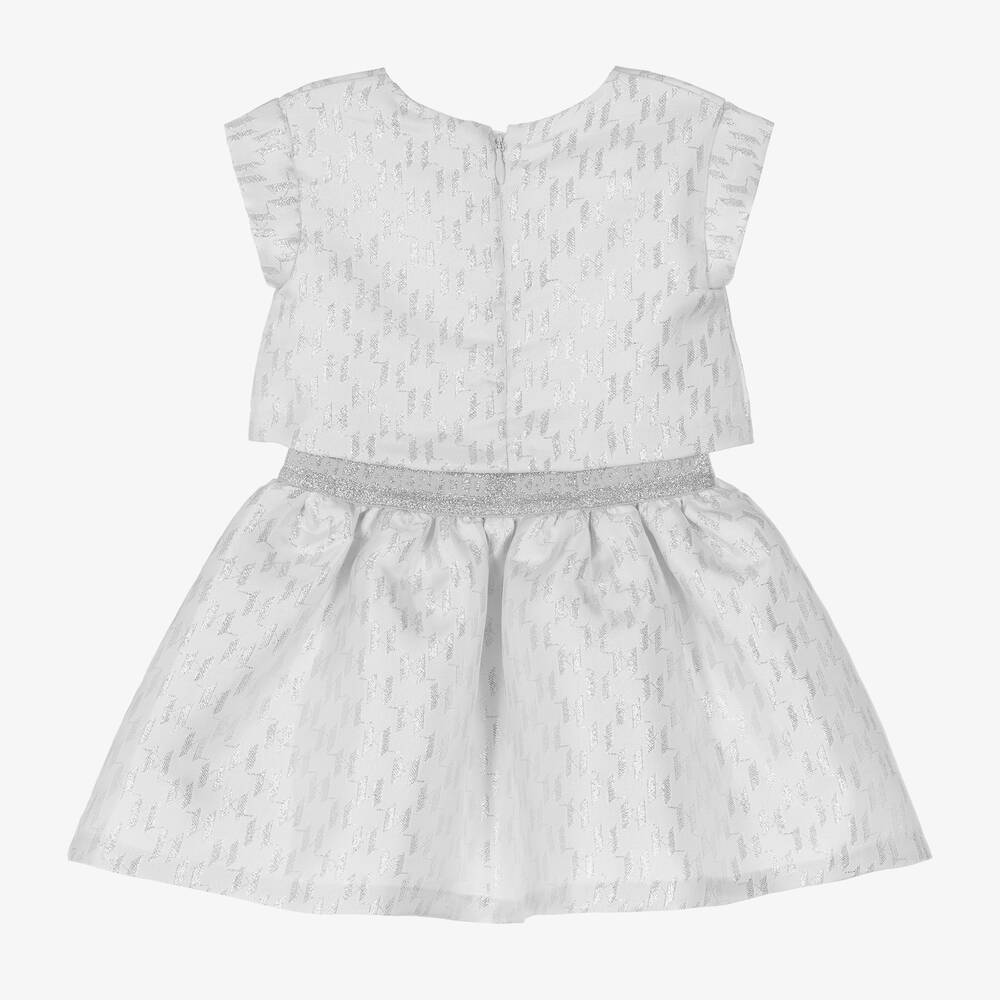 KARL LAGERFELD KIDS-Girls White & Silver Monogram Satin Dress | Childrensalon Outlet
