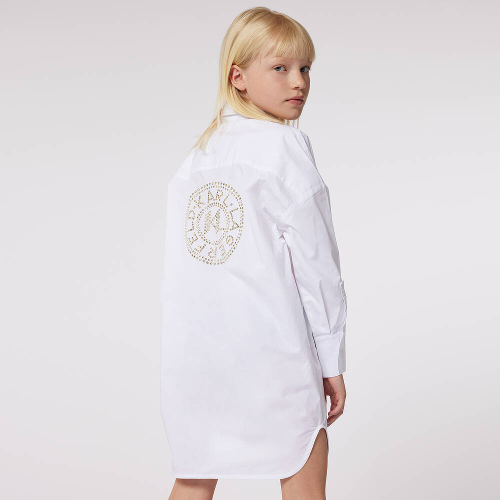 KARL LAGERFELD KIDS-Girls White Studded Shirt Dress | Childrensalon Outlet