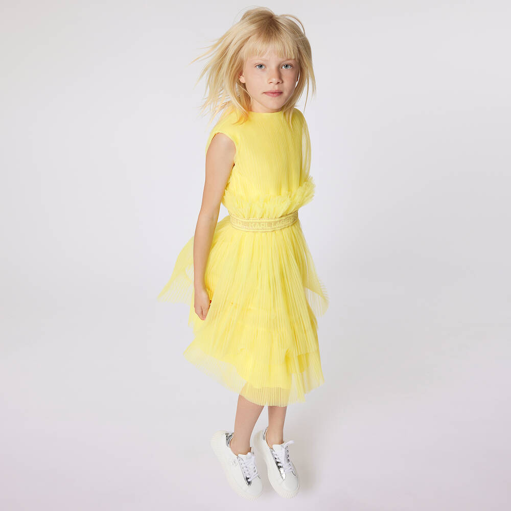KARL LAGERFELD KIDS Girls Yellow Pleated Tulle Dress