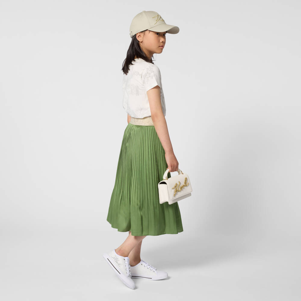 KARL LAGERFELD KIDS-Green Logo Pleated Midi Length Skirt | Childrensalon Outlet