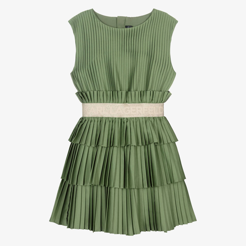 KARL LAGERFELD KIDS-Green Pleated Ss Dress | Childrensalon Outlet