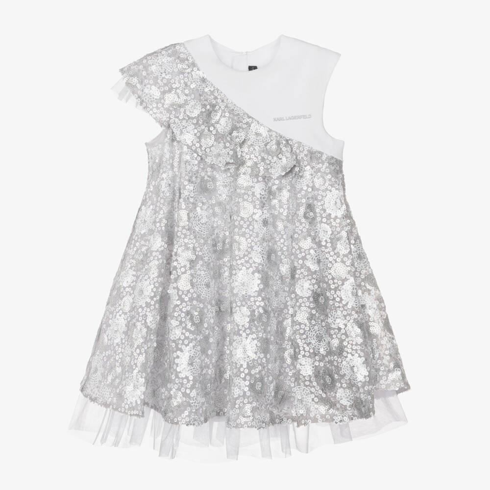 KARL LAGERFELD KIDS-Silver Sequins Bi-material Dress | Childrensalon Outlet